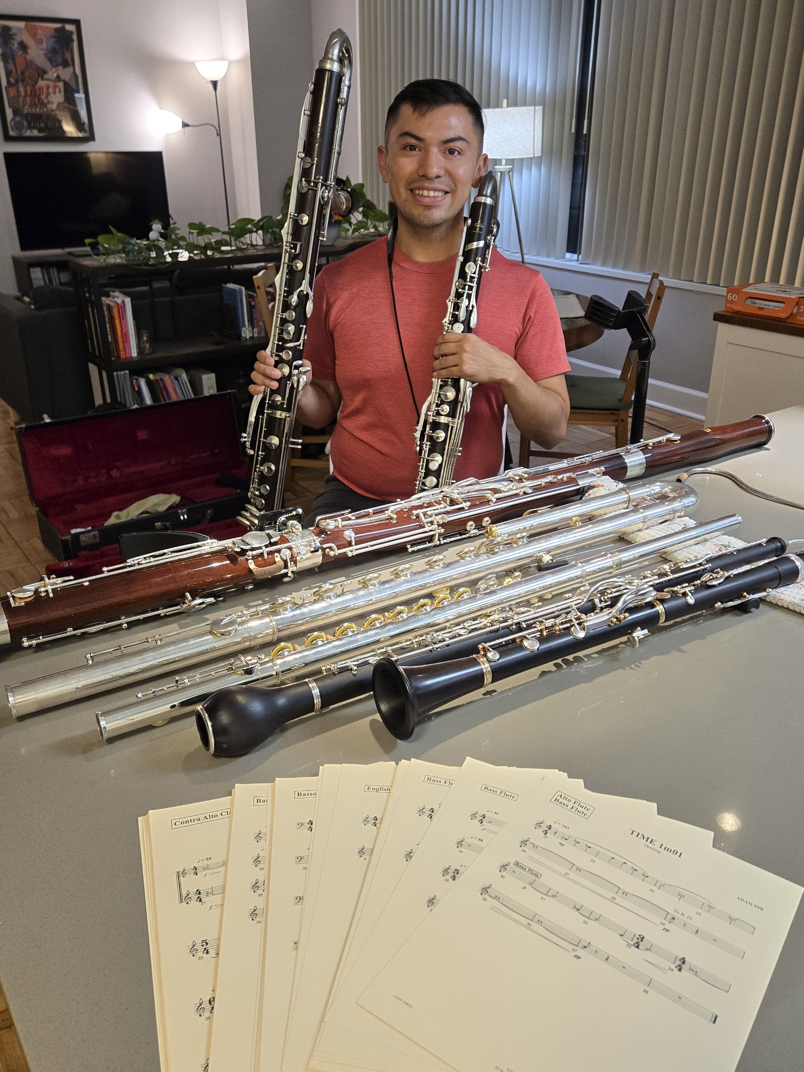 Carlos with his collection of woodwind instruments